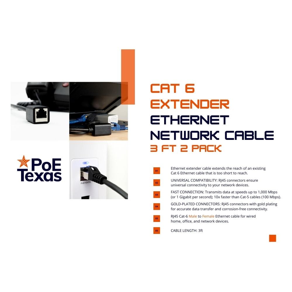 POE Texas Accessories CAT 6 Ethernet Extender Cable 3 ft Male to Female 2 Pack
