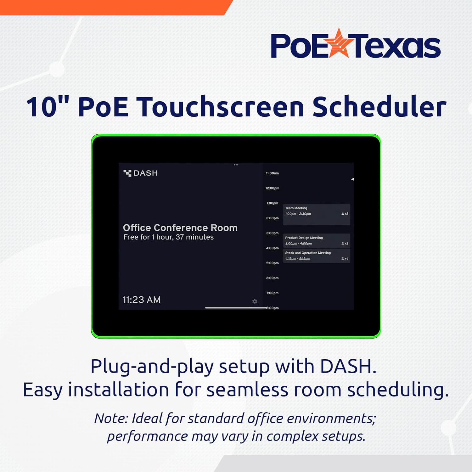 PoE Texas Display 10" Touchscreen Room Scheduler with Highly Visible LED Ring