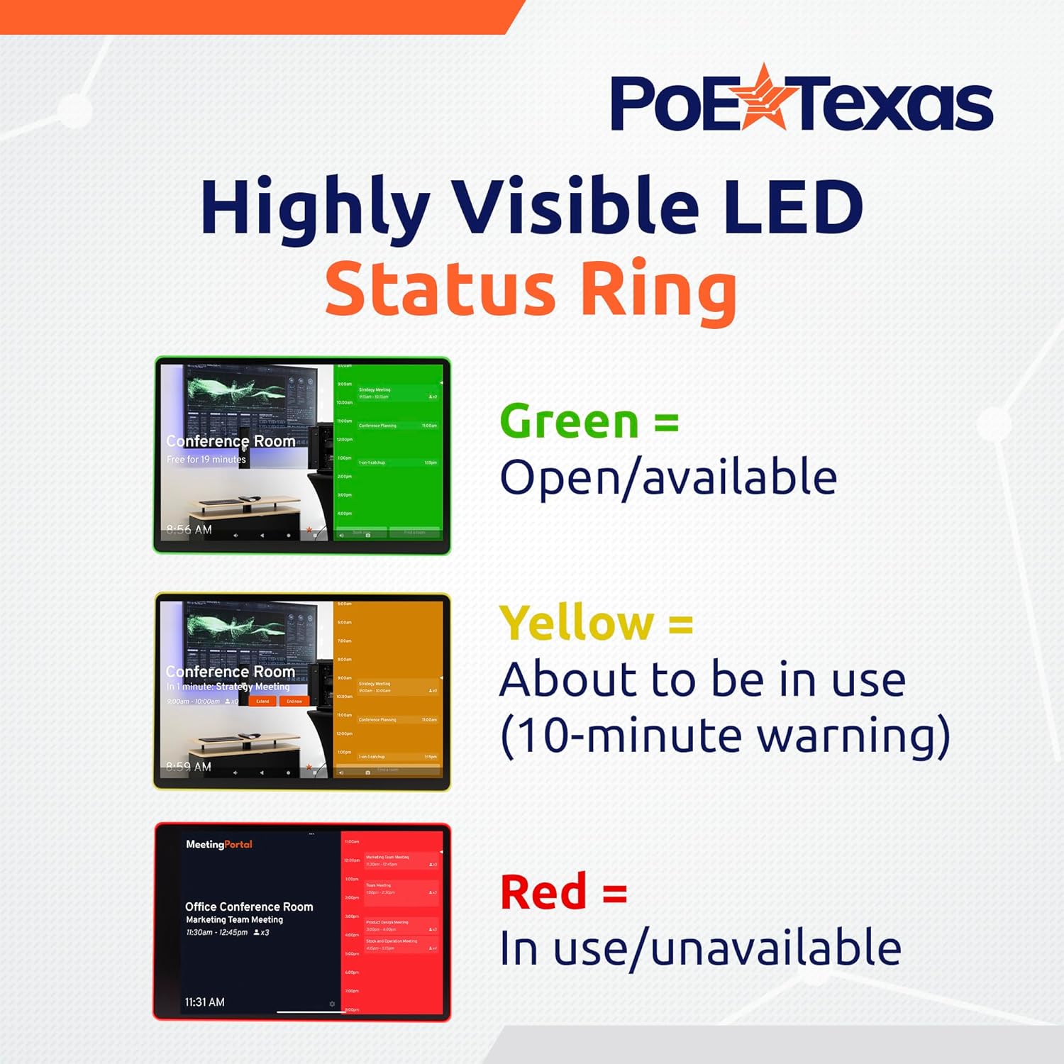 PoE Texas Display 10" Touchscreen Room Scheduler with Highly Visible LED Ring and MeetingPortal App