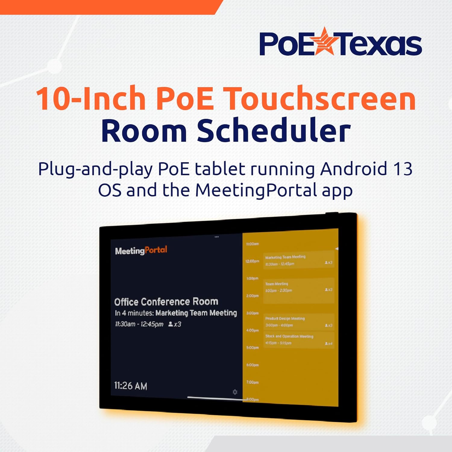 PoE Texas Display 10" Touchscreen Room Scheduler with Highly Visible LED Ring and MeetingPortal App
