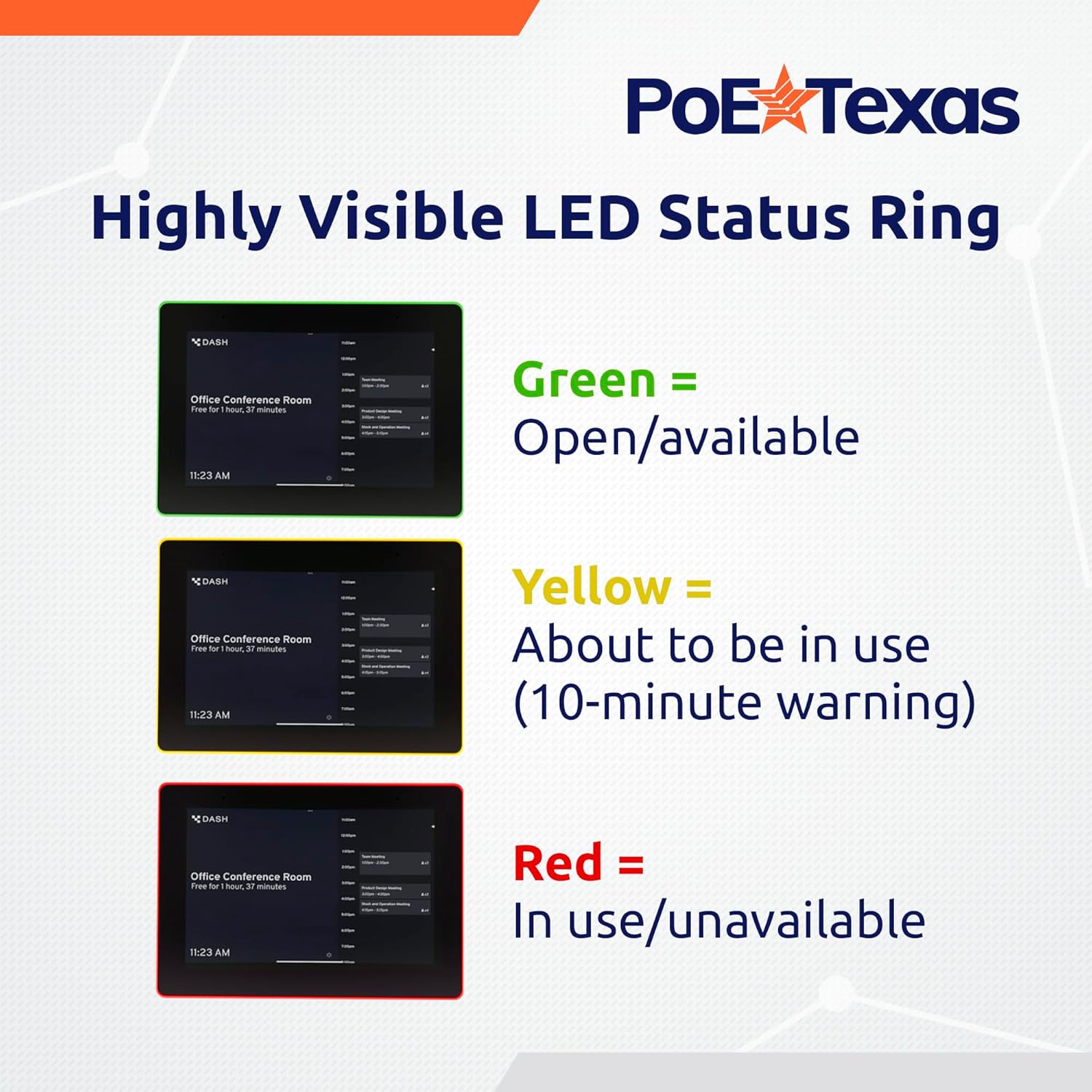 PoE Texas Display 8" Touchscreen Room Scheduler with Highly Visible LED Ring