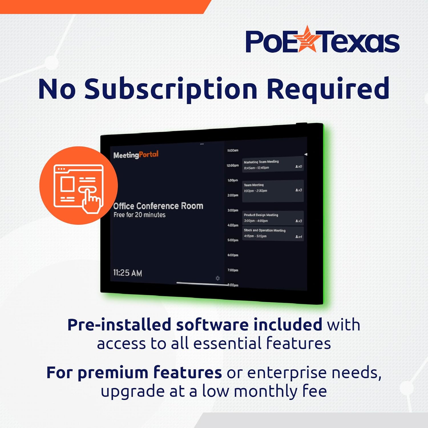 PoE Texas Display 8" Touchscreen Room Scheduler with Highly Visible LED Ring