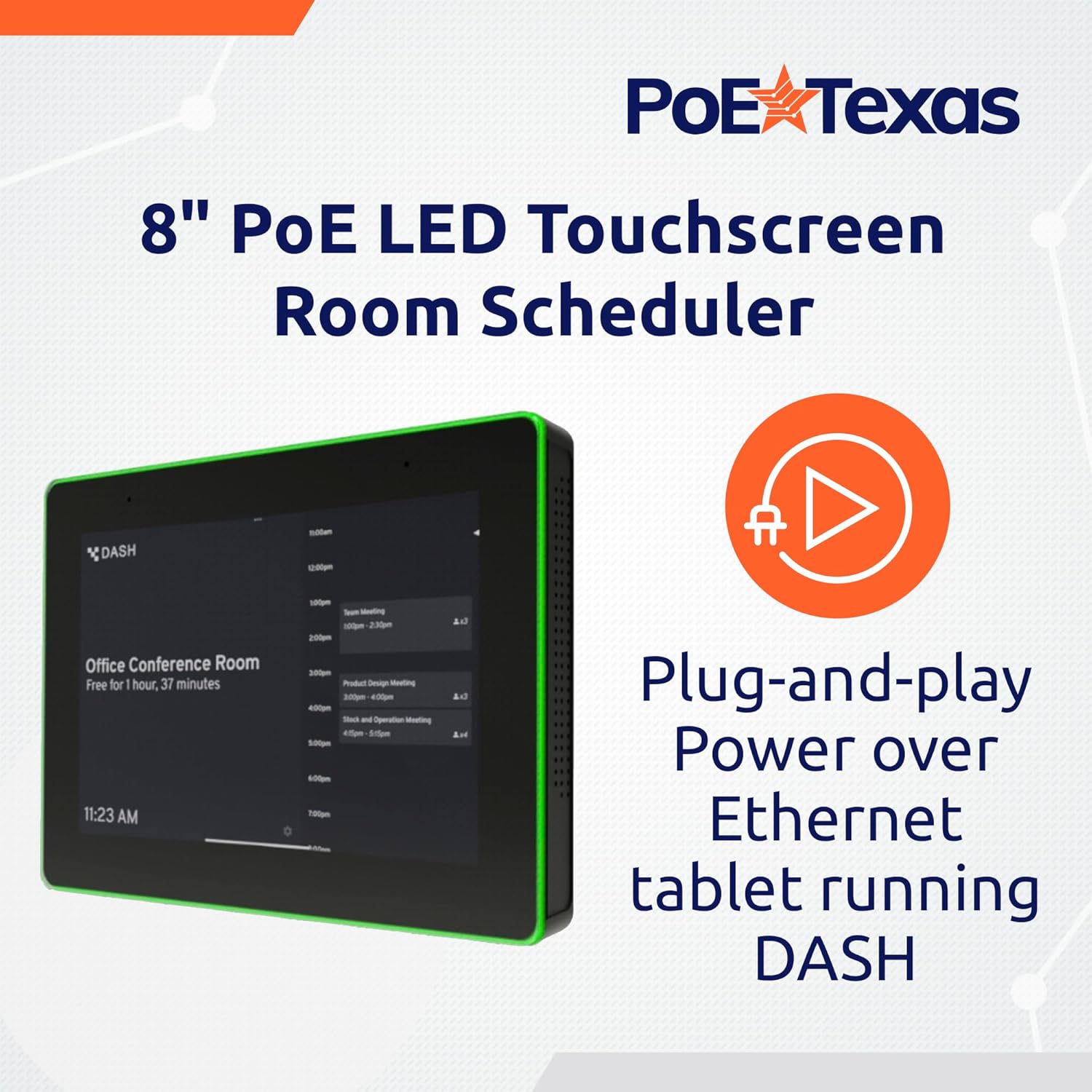 PoE Texas Display 8" Touchscreen Room Scheduler with Highly Visible LED Ring