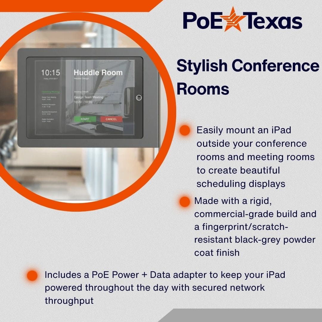 POE Texas For Tablets Heckler Side Mount Secure iPad Enclosure and Display with PoE for Digital Signage, Conference Room Schedulers, and More - Fits 9.7" iPad Air, iPad Pro and iPad - PoE Included