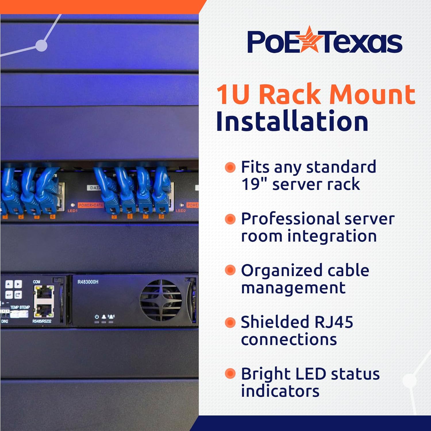 PoE Texas Injector 16 Port Gigabit Mode A Rack Mount PoE Injector with 48 Volt 240 Watt Power Budget