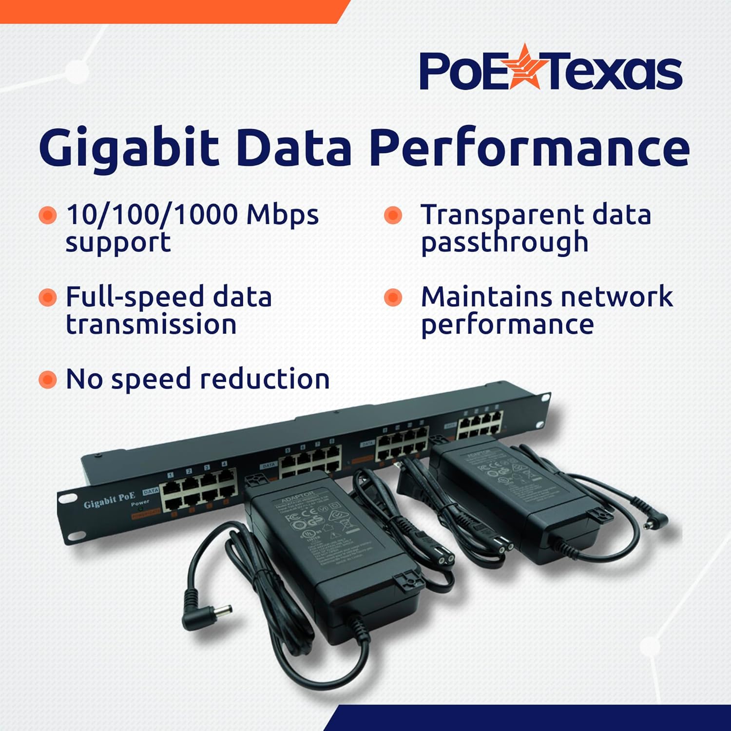 PoE Texas Injector 16 Port Gigabit Mode A Rack Mount PoE Injector with 48 Volt 240 Watt Power Budget