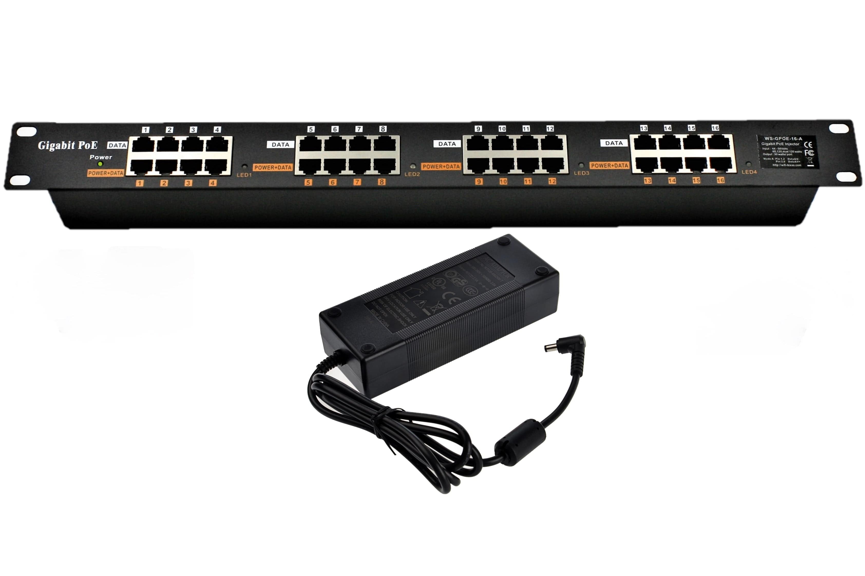 PoE Texas Injector 16 Port Gigabit PoE Injector, Mode A, Rack Mount with 48V 120W Power Supply