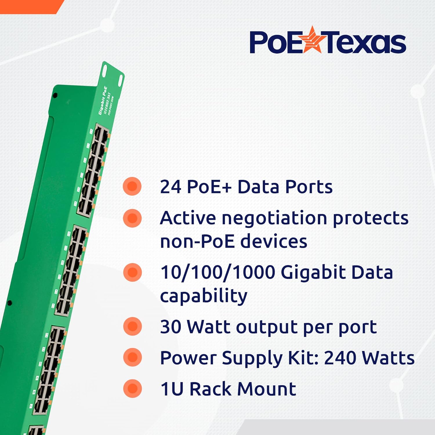PoE Texas Injector 24 Port Active PoE Injector with 56 Volt Output and 240 Watt Budget
