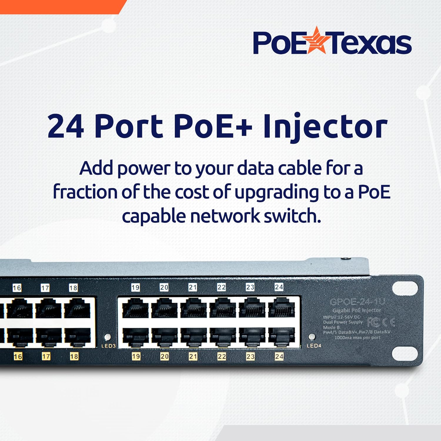 PoE Texas Injector 24-Port Gigabit Rack Mount PoE Injector with 48 Volt 240 Watt Power Supplies