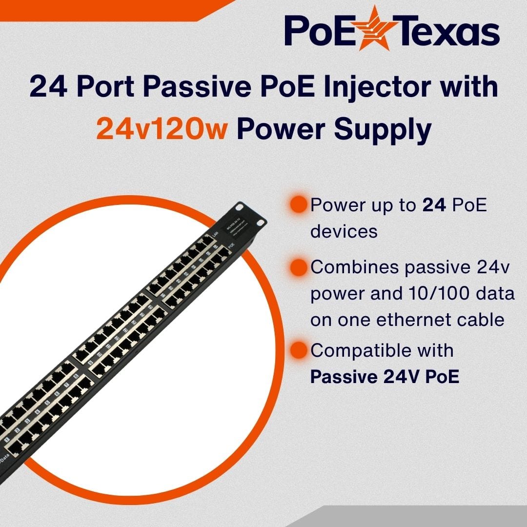 PoE Texas Injector 24-Port Rack Mount 10/100 PoE Injector with 24 Volt 120 Watt Power Supply