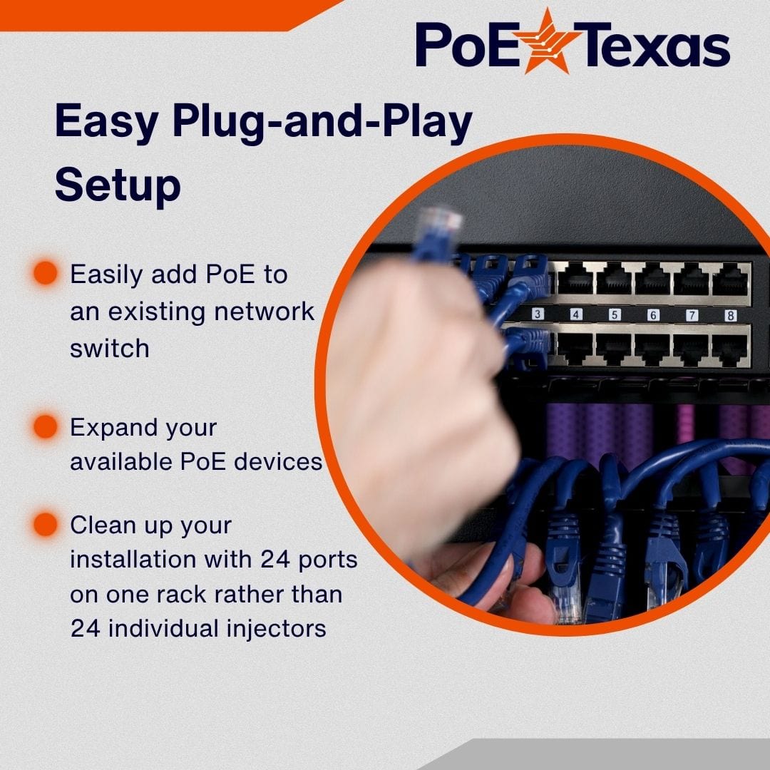 PoE Texas Injector 24-Port Rack Mount 10/100 PoE Injector with 24 Volt 120 Watt Power Supply