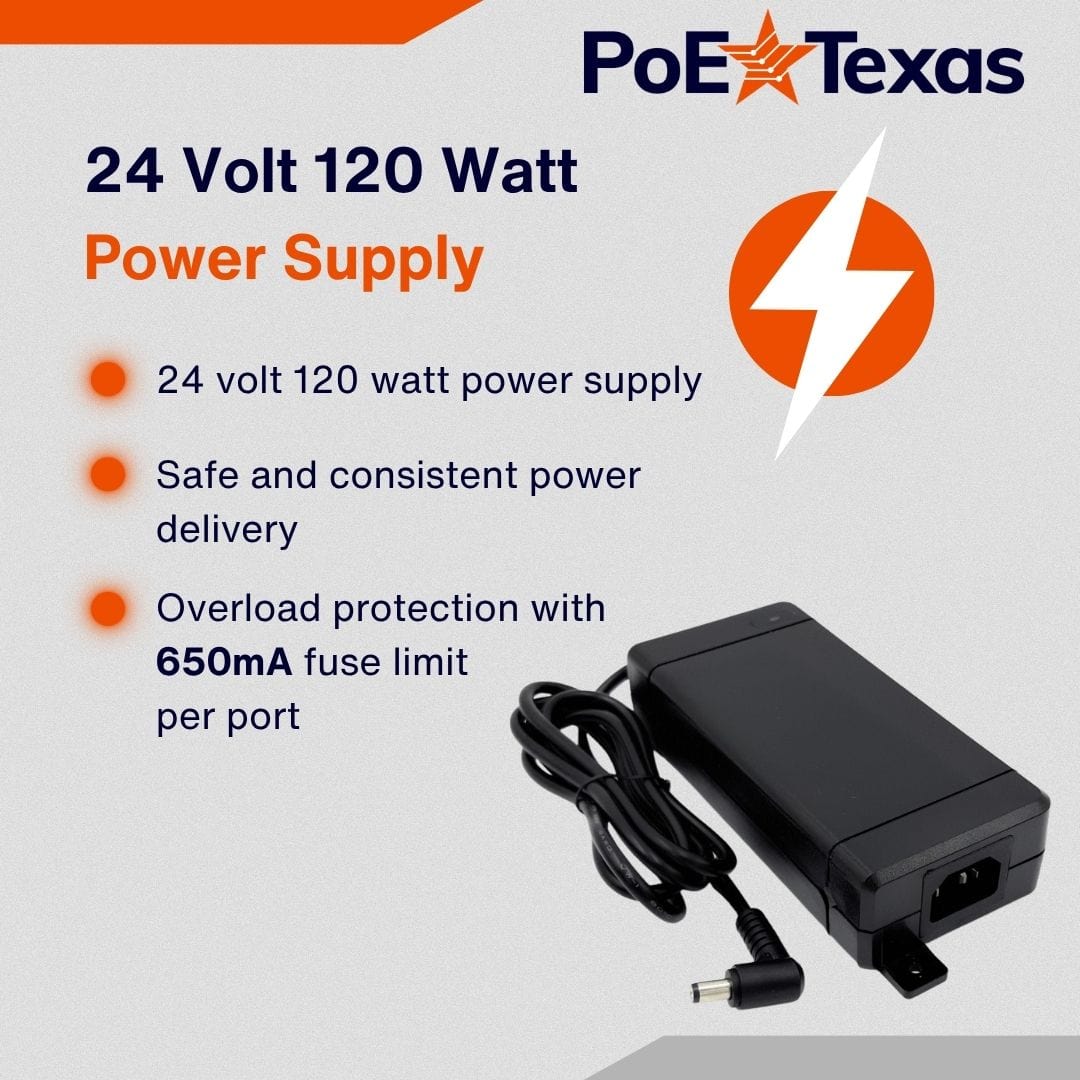 PoE Texas Injector 24-Port Rack Mount 10/100 PoE Injector with 24 Volt 120 Watt Power Supply