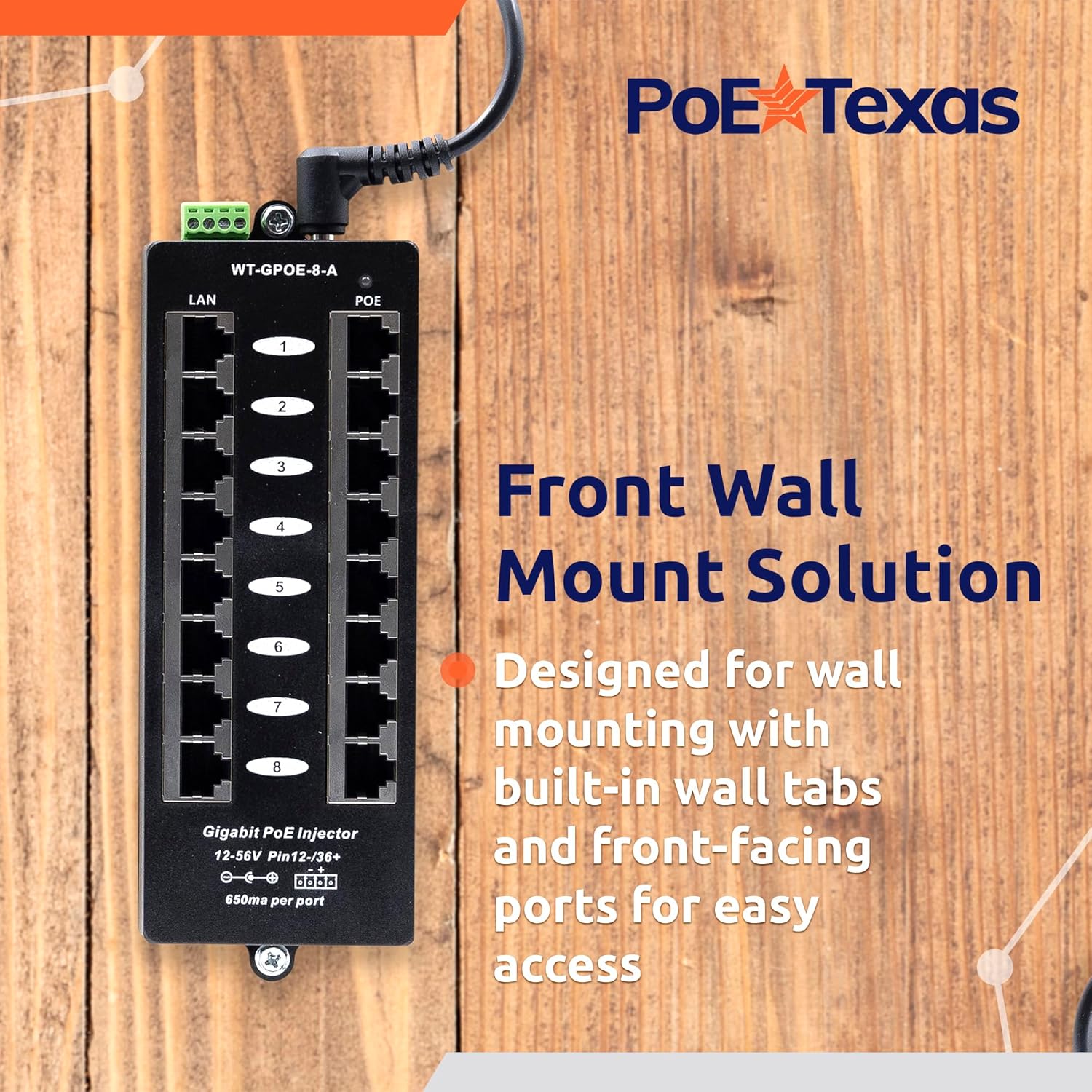 PoE Texas Injector 8 Port Gigabit, Mode A PoE Injector with 48 Volt 60 Watt Power Supply