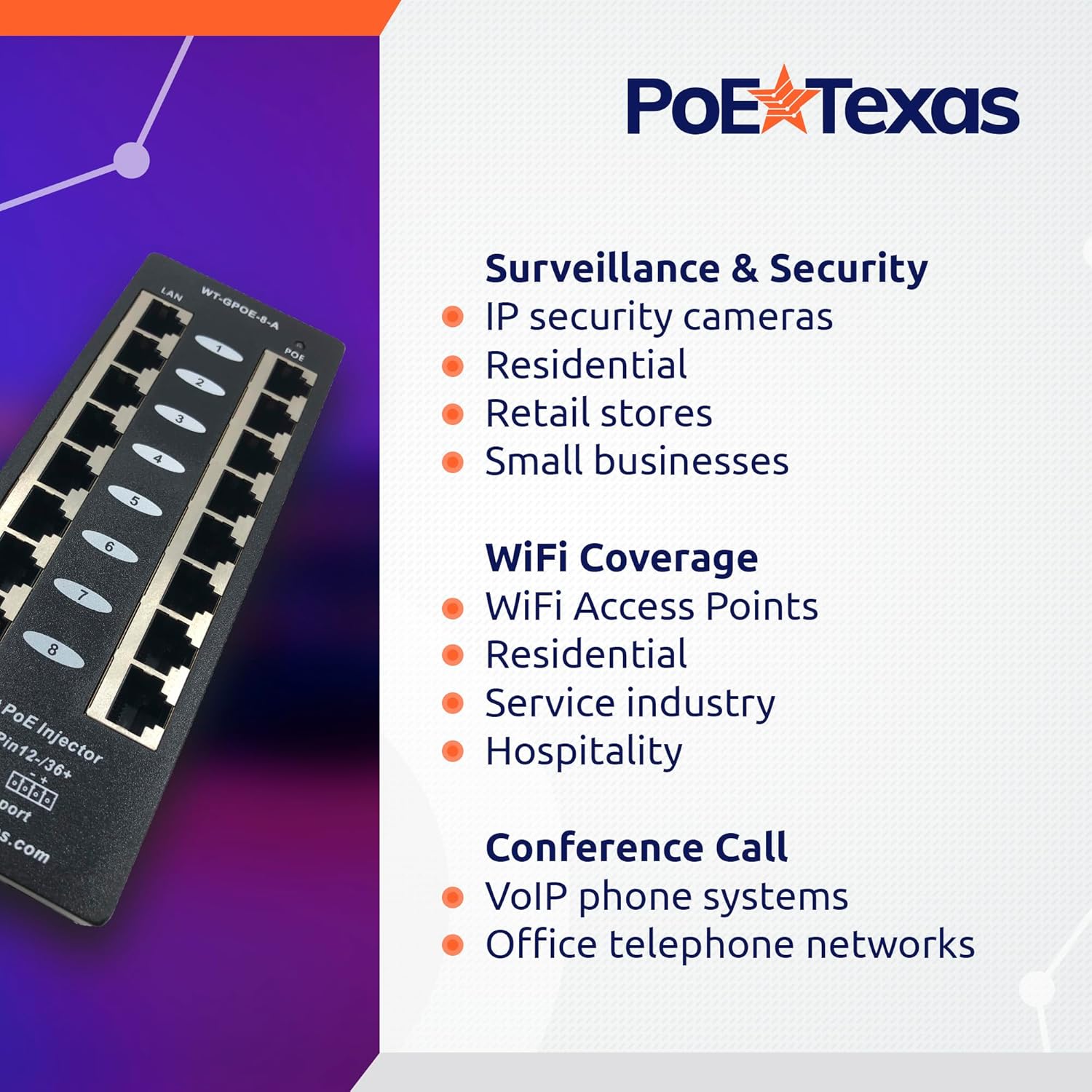 PoE Texas Injector 8 Port Gigabit, Mode A PoE Injector with 48 Volt 60 Watt Power Supply