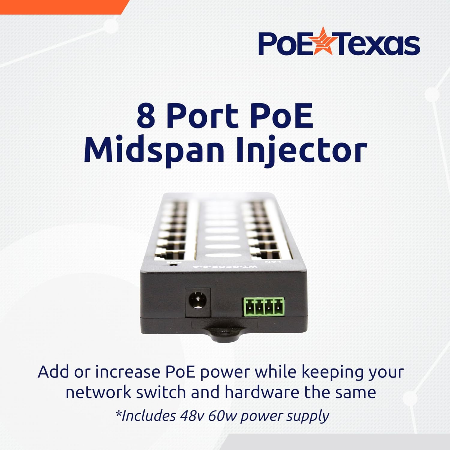 PoE Texas Injector 8 Port Gigabit, Mode A PoE Injector with 48 Volt 60 Watt Power Supply