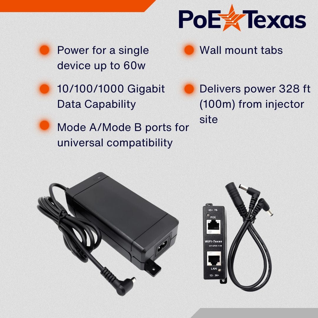 PoE Texas Injector Single Port Gigabit Mode A/B PoE Injector with 48V 60W Power Supply and 2.1mm Y-Cable