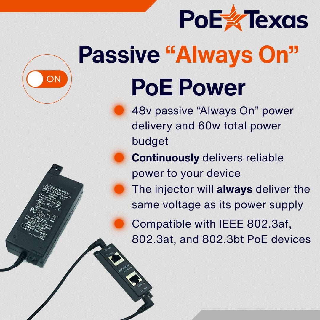 PoE Texas Injector Single Port Gigabit Mode A/B PoE Injector with 48V 60W Power Supply and 2.1mm Y-Cable