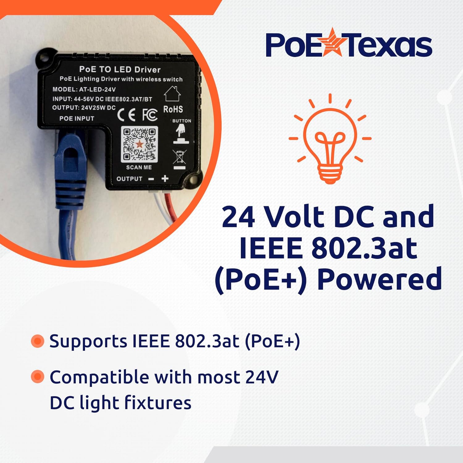 POE Texas Lighting PoE Lighting Plug-and-Play Kit with 24V LED Driver, Bulbs, and Wireless Light Switch: AT-LED-24V-BULB