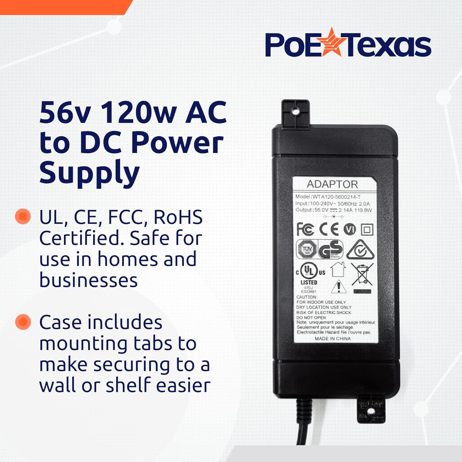 PoE Texas Power Supplies Power Supply 56V 120W - UL/FCC Certified