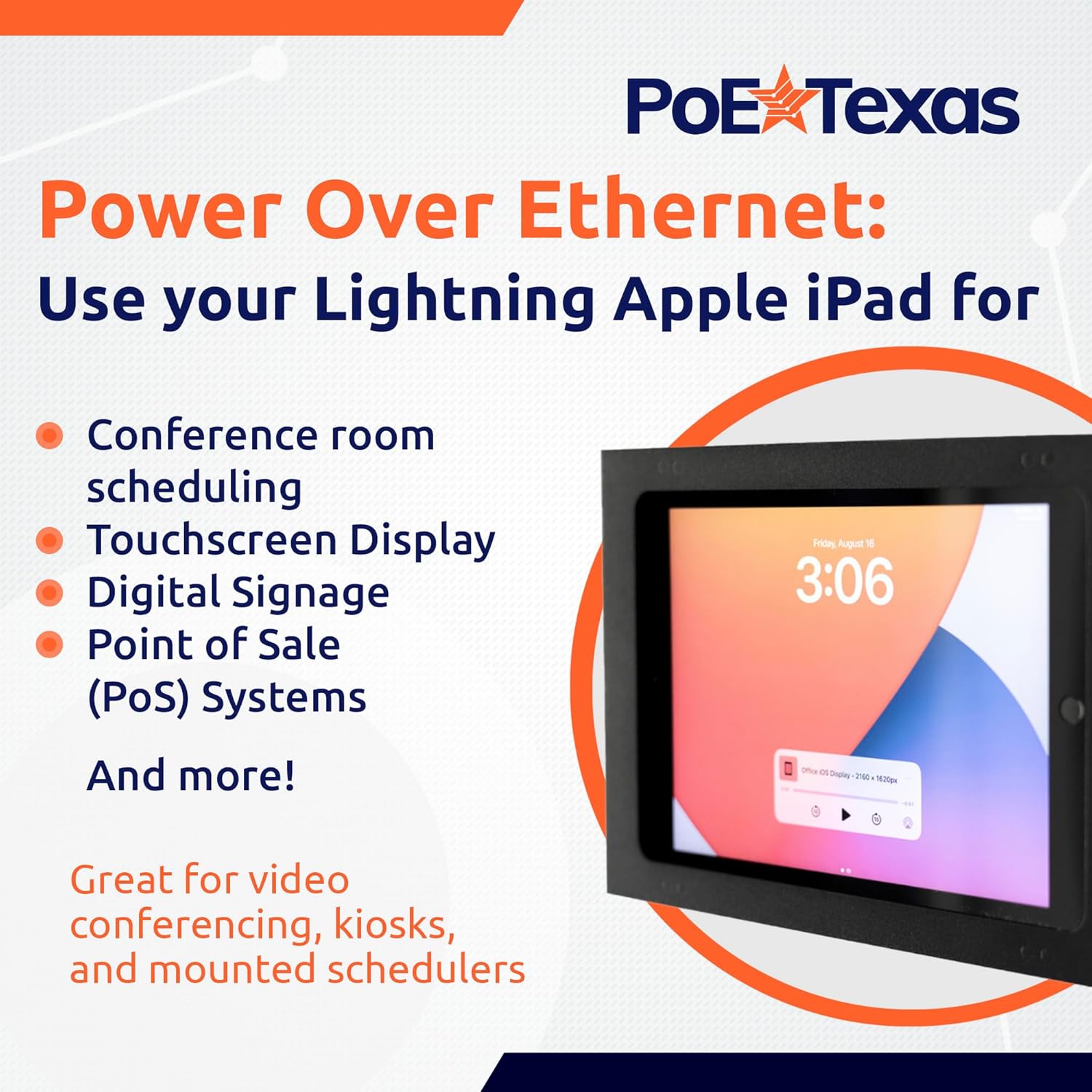 PoE Texas Splitter 802.3af Ethernet Power and Wired Data USB-C to Lightning in Aluminum Enclosure for Conference Rooms, Mounted Tablets & More - Extend PoE up to 328 Feet