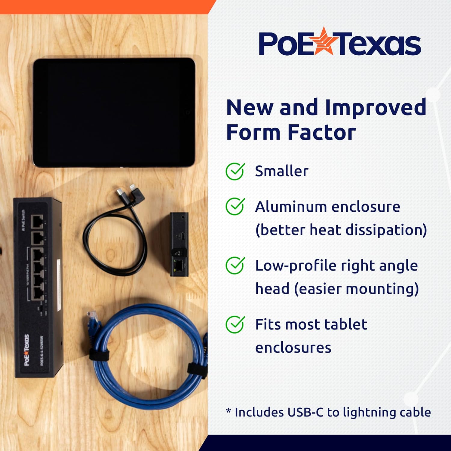 PoE Texas Splitter 802.3af Ethernet Power and Wired Data USB-C to Lightning in Aluminum Enclosure for Conference Rooms, Mounted Tablets & More - Extend PoE up to 328 Feet
