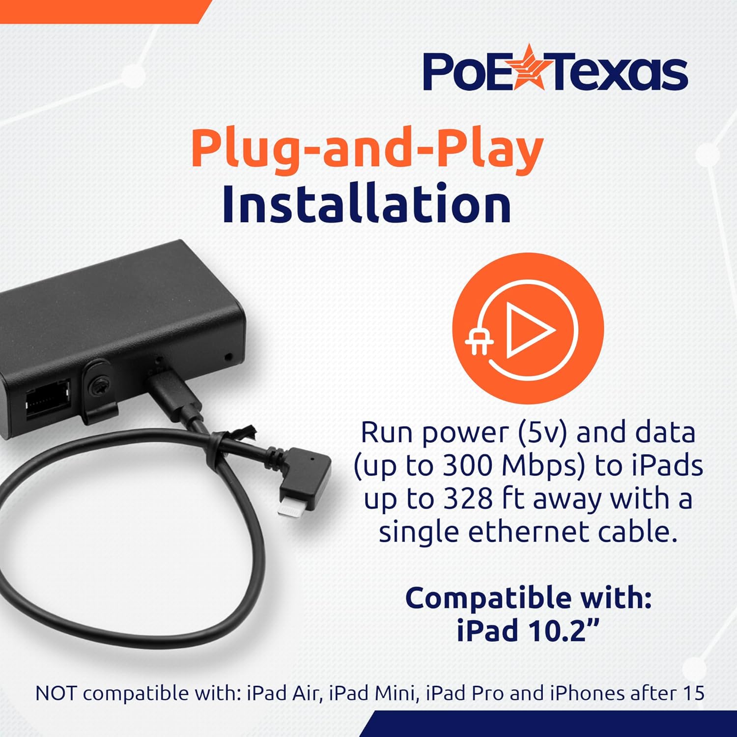PoE Texas Splitter 802.3af Ethernet Power and Wired Data USB-C to Lightning in Aluminum Enclosure for Conference Rooms, Mounted Tablets & More - Extend PoE up to 328 Feet