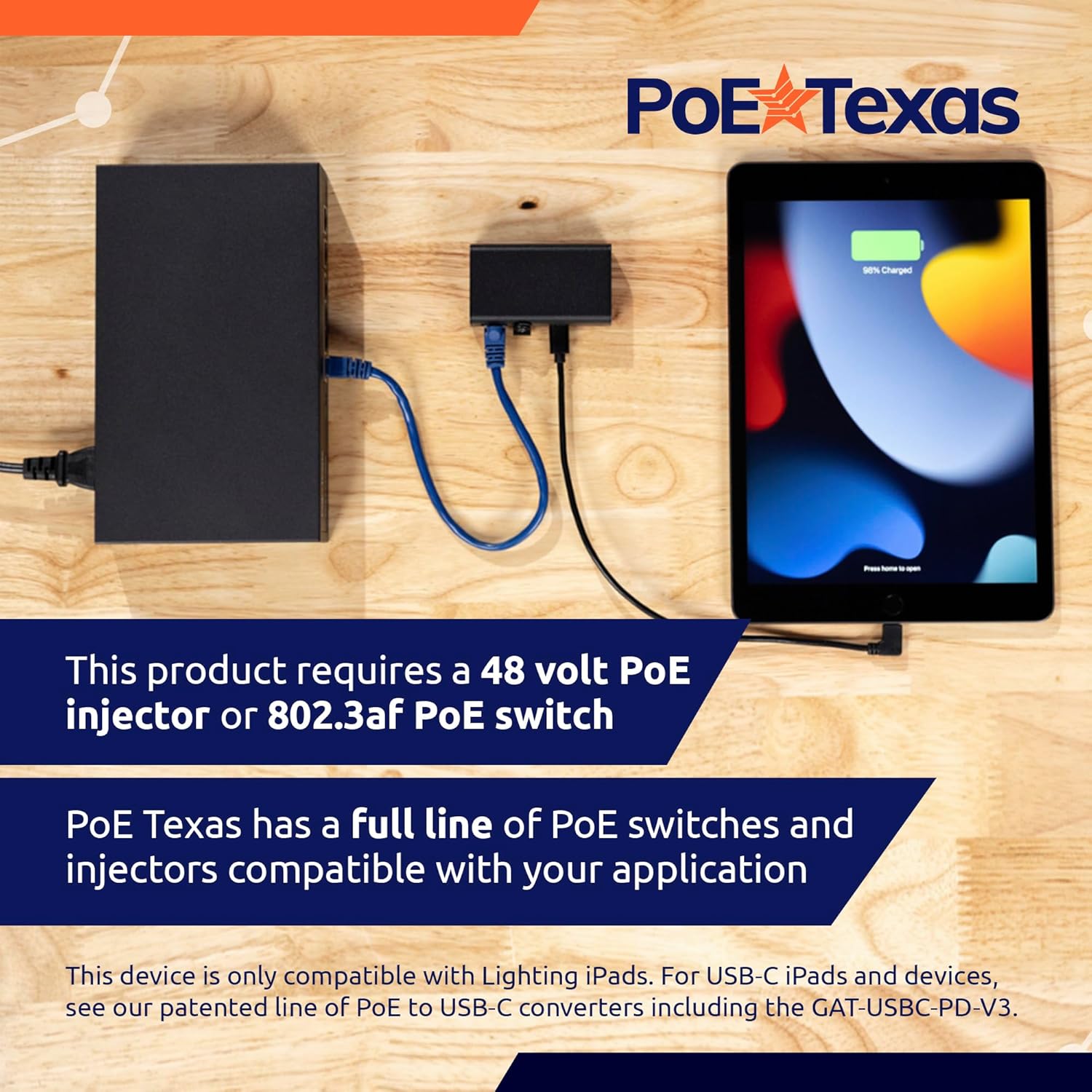 PoE Texas Splitter 802.3af Ethernet Power and Wired Data USB-C to Lightning in Aluminum Enclosure for Conference Rooms, Mounted Tablets & More - Extend PoE up to 328 Feet