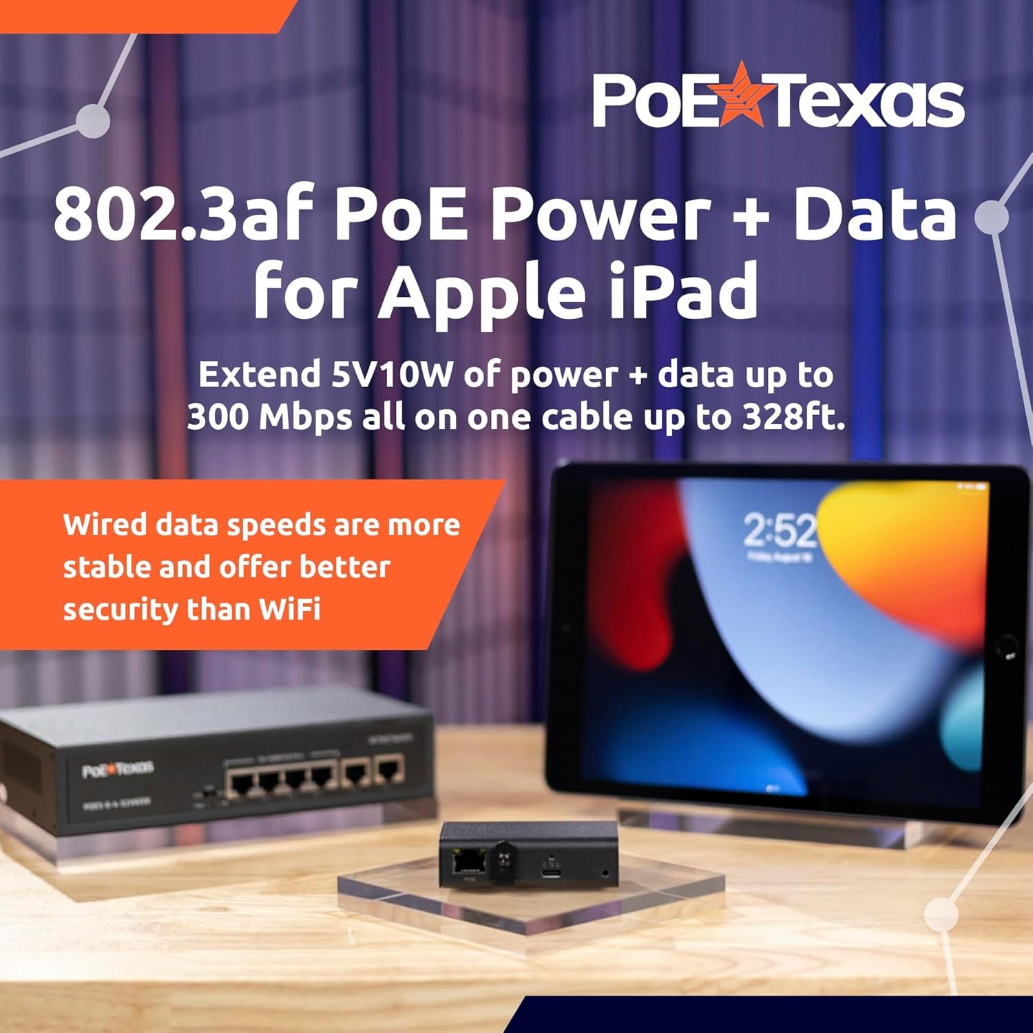 PoE Texas Splitter 802.3af Ethernet Power and Wired Data USB-C to Lightning in Aluminum Enclosure for Conference Rooms, Mounted Tablets & More - Extend PoE up to 328 Feet