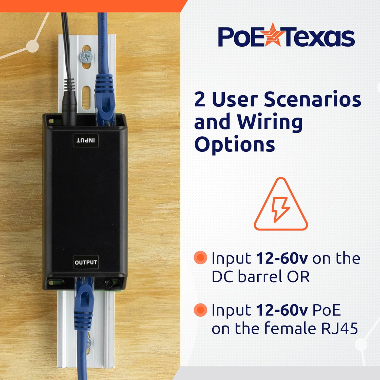 POE Texas Splitter DC Powered PoE+ 2.5 Gigabit Inline Injector that Converts 12-60V Volts to 50 Volt IEEE 802.3at PoE+