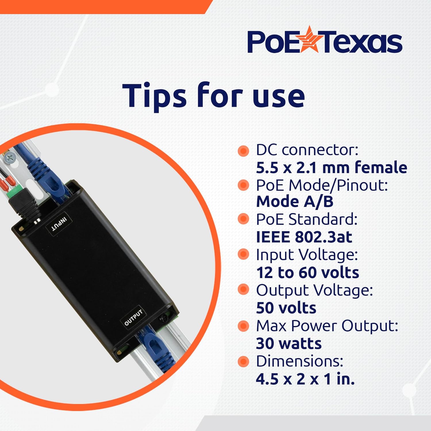 POE Texas Splitter DC Powered PoE+ 2.5 Gigabit Inline Injector that Converts 12-60V Volts to 50 Volt IEEE 802.3at PoE+
