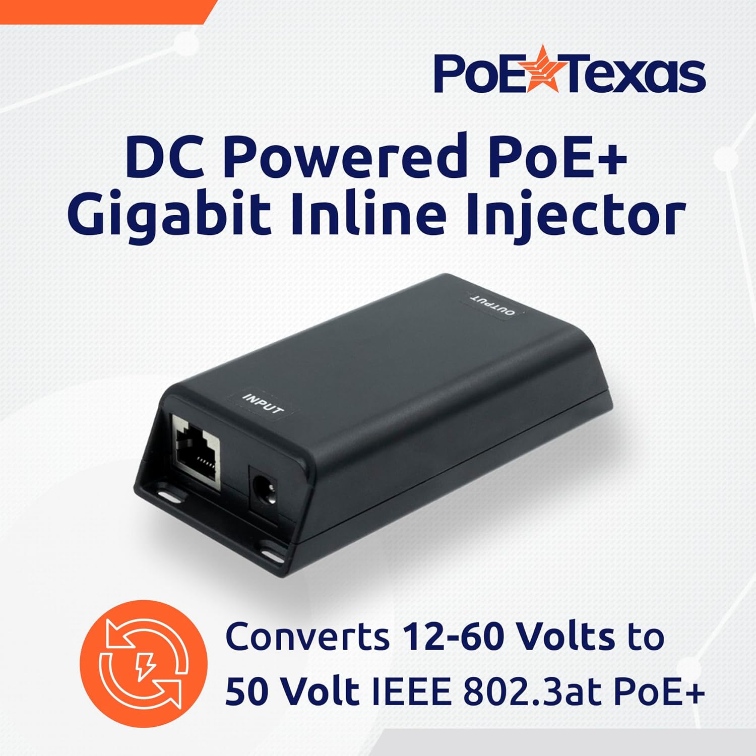 POE Texas Splitter DC Powered PoE+ 2.5 Gigabit Inline Injector that Converts 12-60V Volts to 50 Volt IEEE 802.3at PoE+