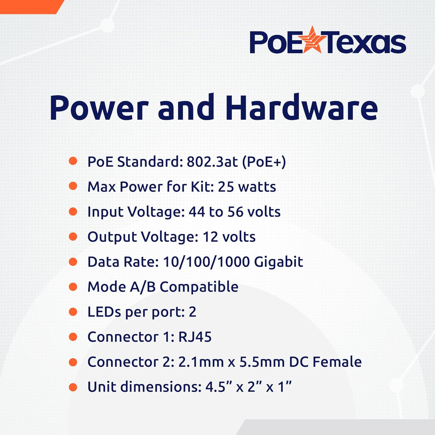 POE Texas Splitter Gigabit Inline PoE+ (802.3at) Splitter/Converter for 12 Volt 25 Watt Devices