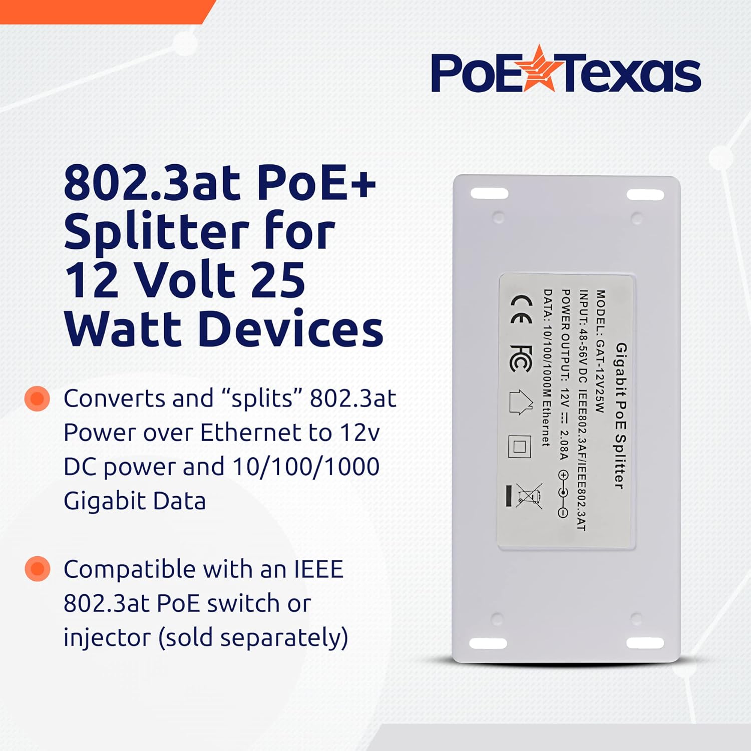POE Texas Splitter Gigabit Inline PoE+ (802.3at) Splitter/Converter for 12 Volt 25 Watt Devices