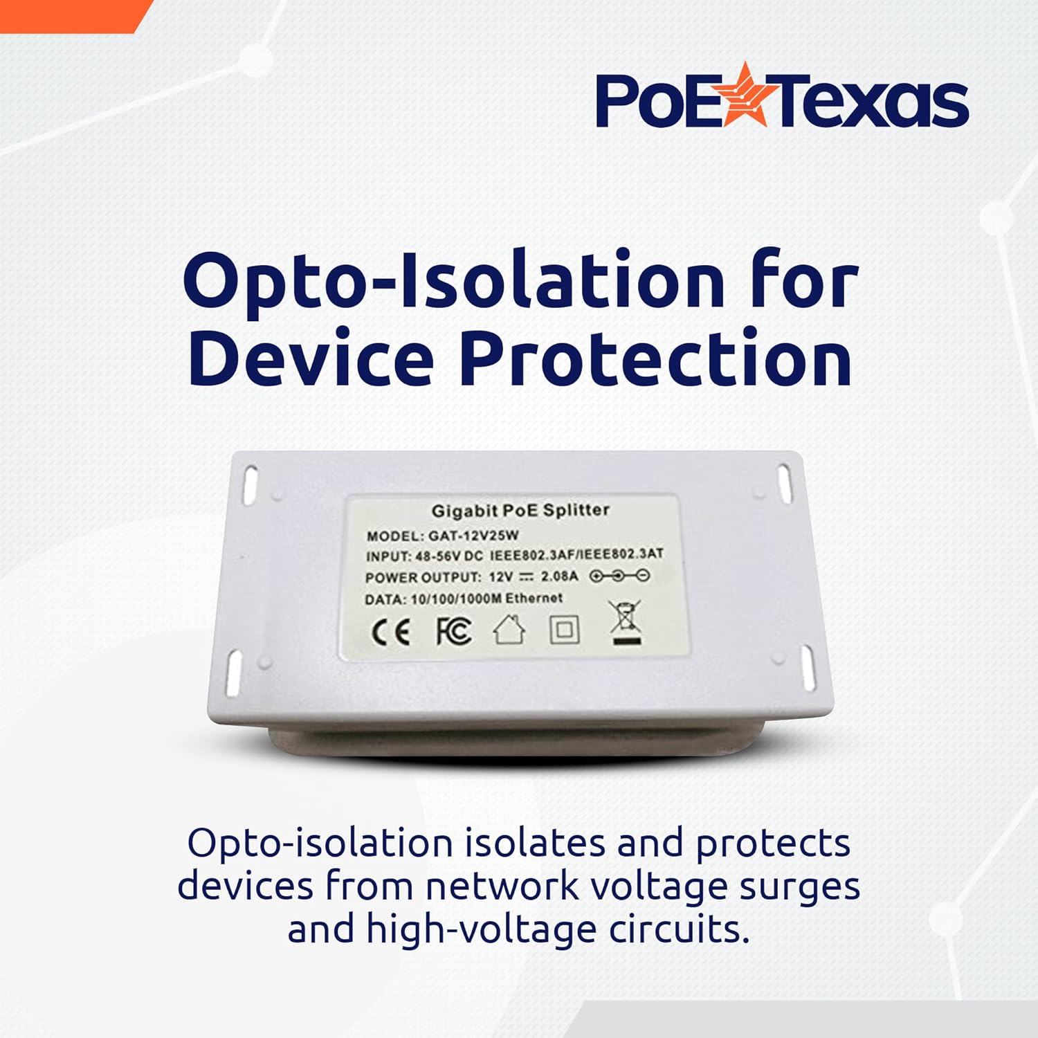 POE Texas Splitter Gigabit Inline PoE+ (802.3at) Splitter/Converter for 12 Volt 25 Watt Devices