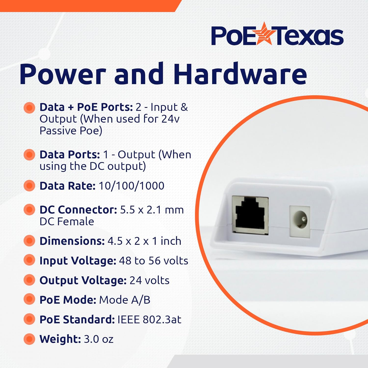 POE Texas Splitter Gigabit Inline PoE Splitter/Converter with 24 Volt 25 Watt PoE or DC Output