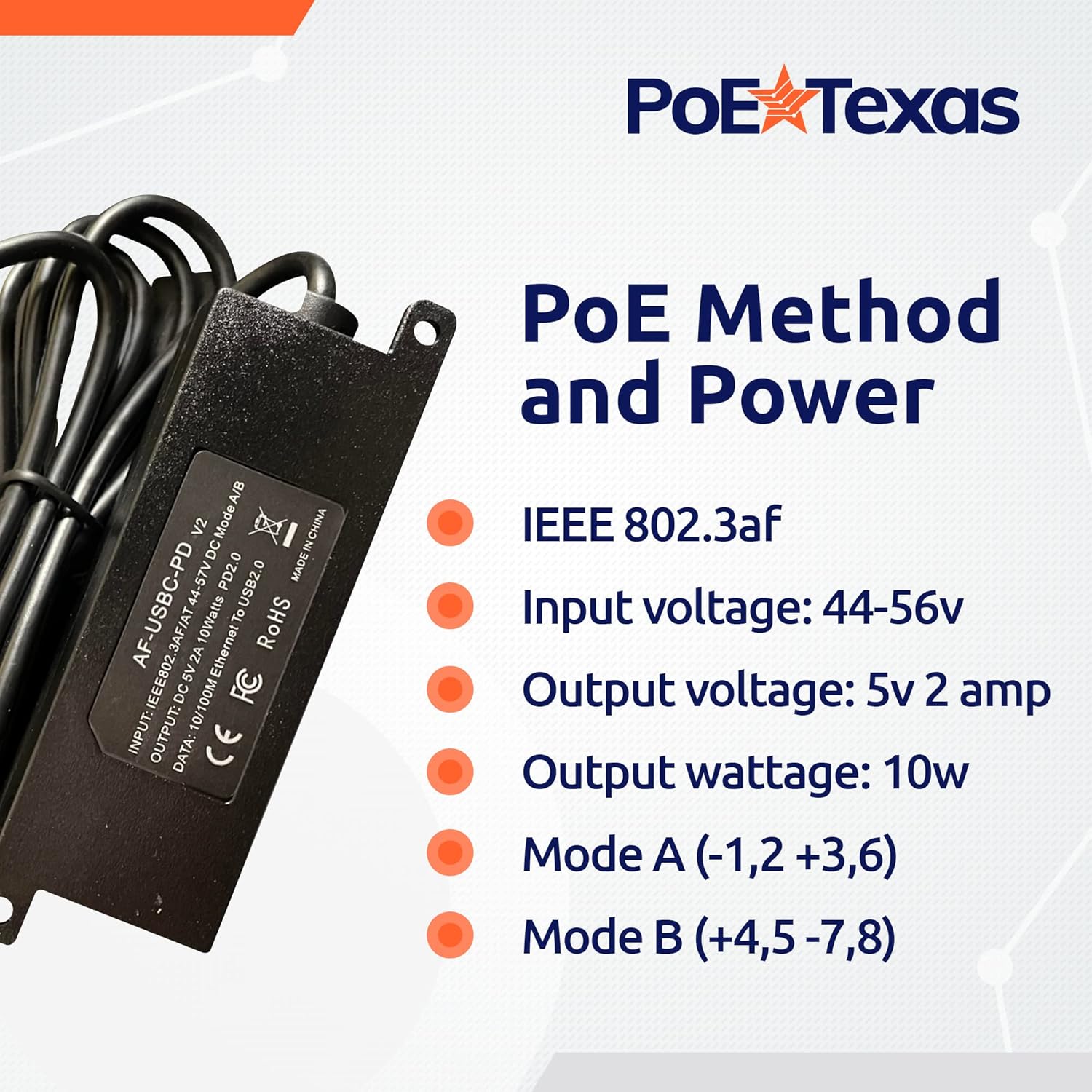 PoE Texas Splitter IEEE 802.3af PoE to USB-C Power and Data with Power Delivery
