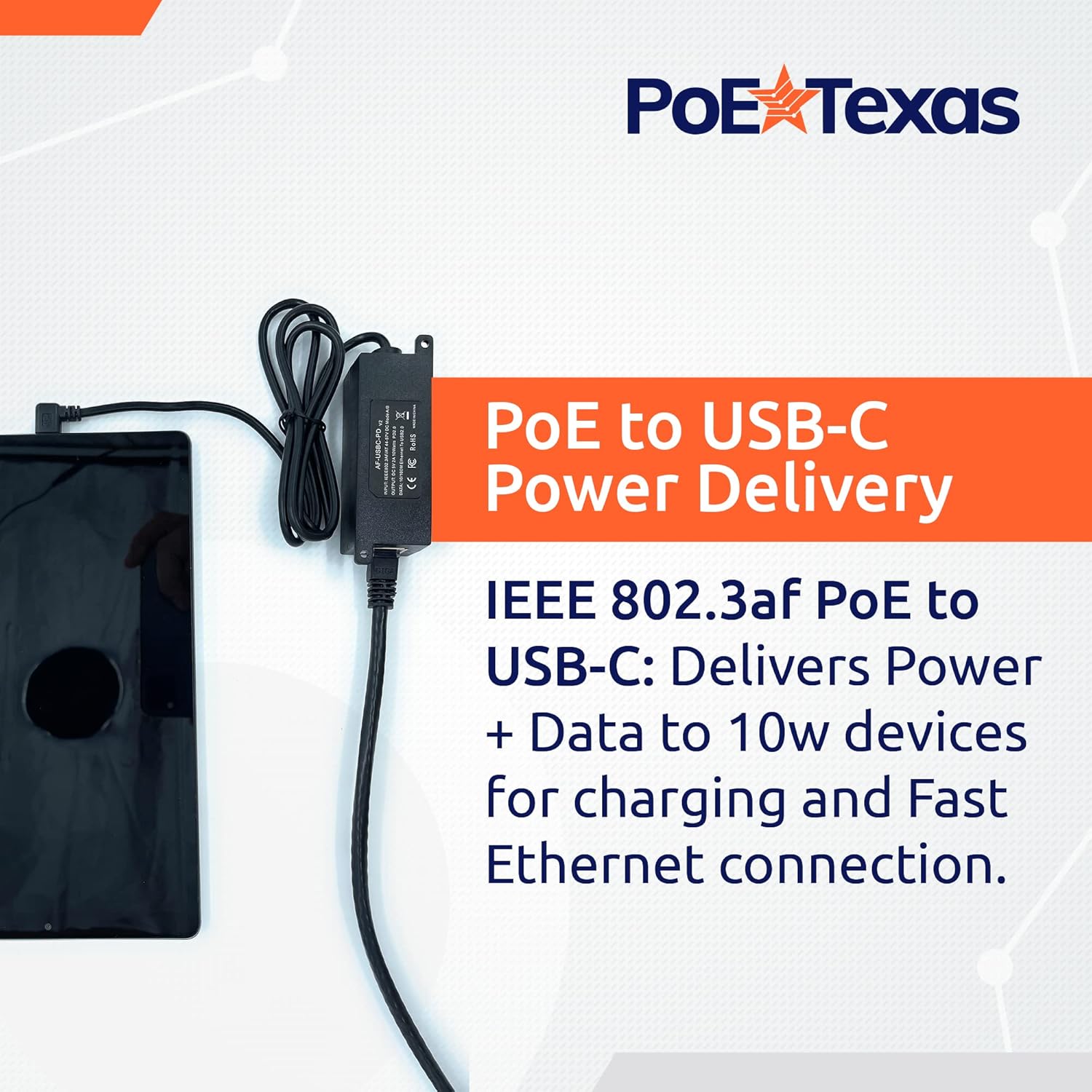 PoE Texas Splitter IEEE 802.3af PoE to USB-C Power and Data with Power Delivery