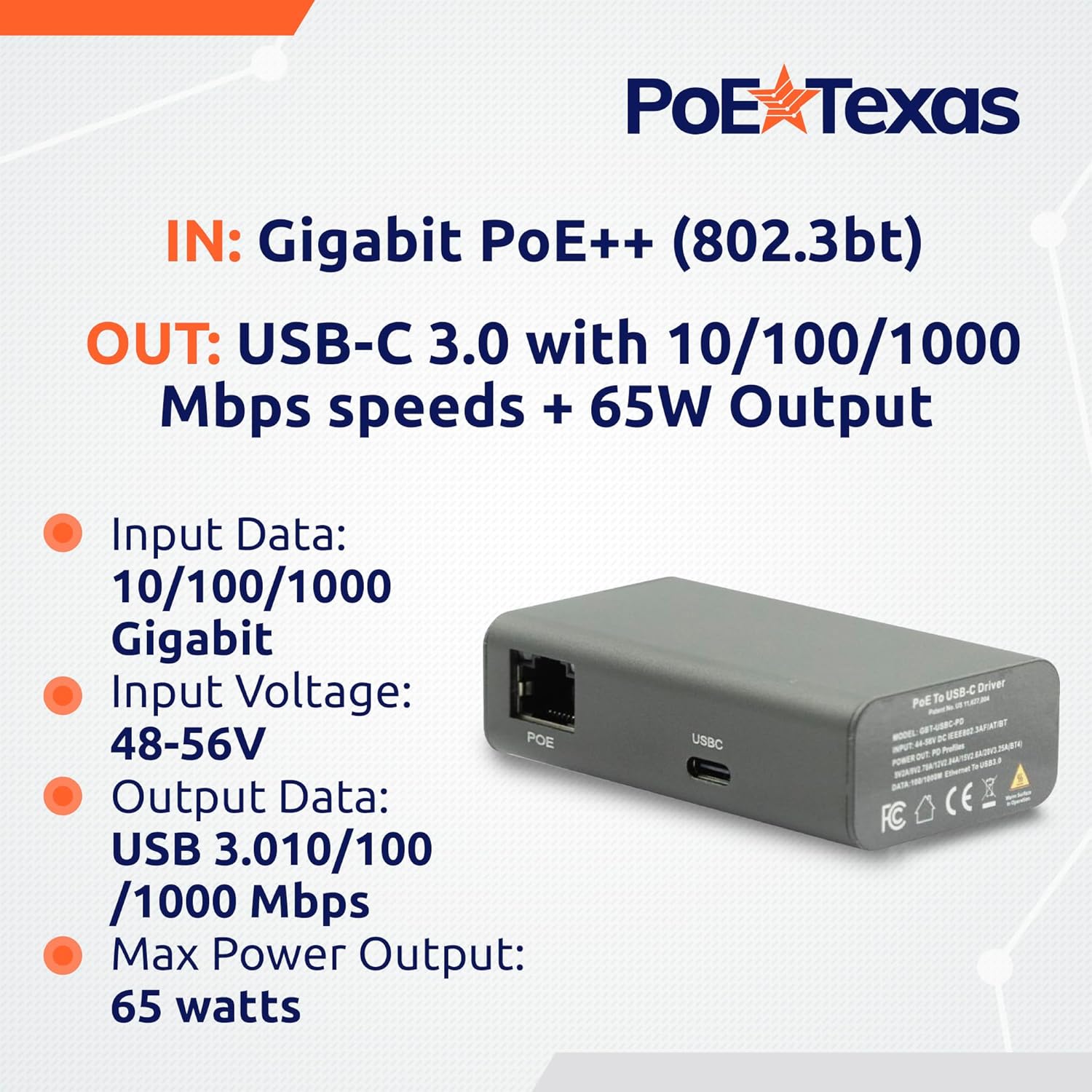 POE Texas Splitter New! Gigabit PoE++ (802.3bt) to USB-C Power + Data Delivery with 65 Watt Output with USB-C cable - USB-C compatible with Laptops, iPad Pro 12.9", Surface Go, Galaxy Tab