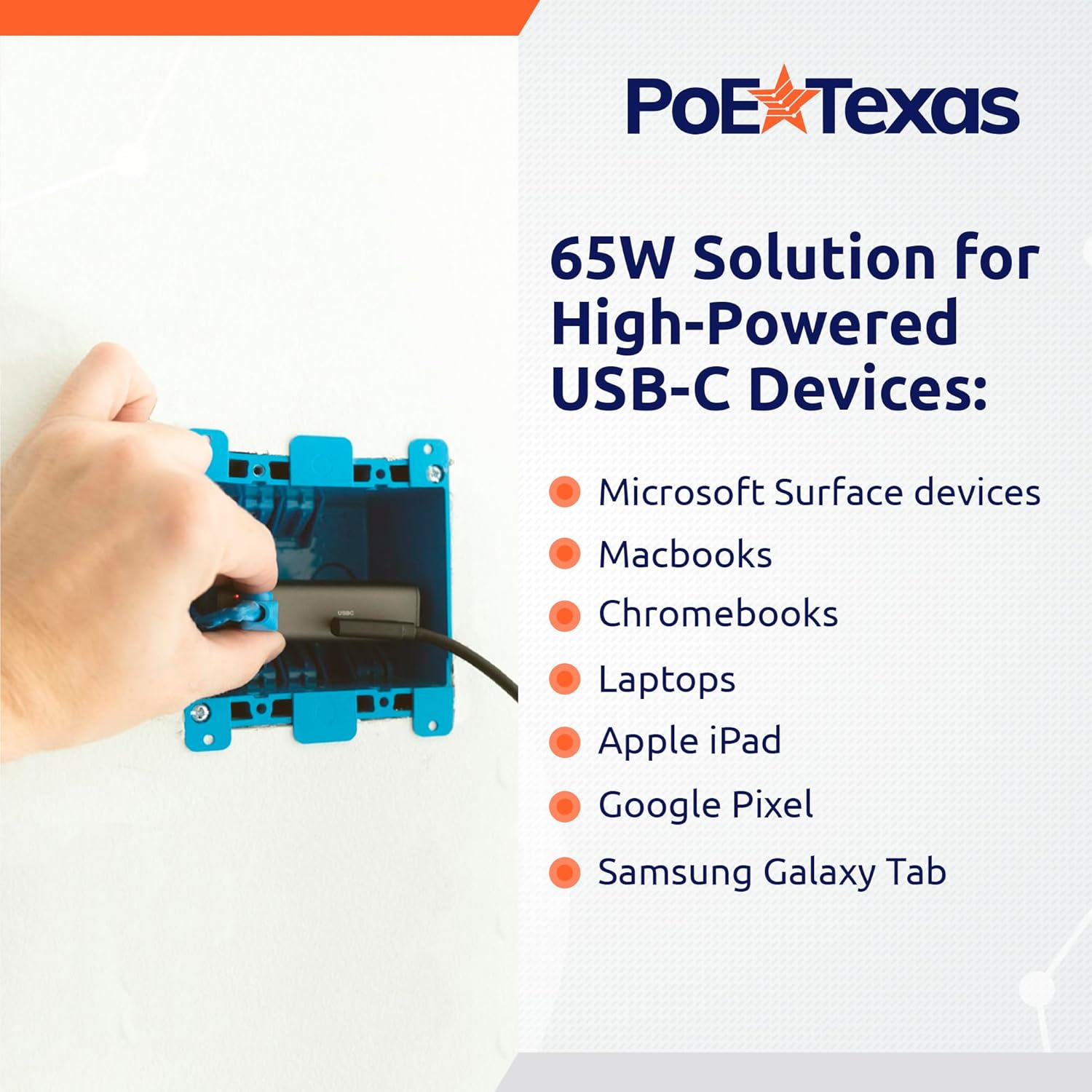 POE Texas Splitter New! Gigabit PoE++ (802.3bt) to USB-C Power + Data Delivery with 65 Watt Output with USB-C cable - USB-C compatible with Laptops, iPad Pro 12.9", Surface Go, Galaxy Tab