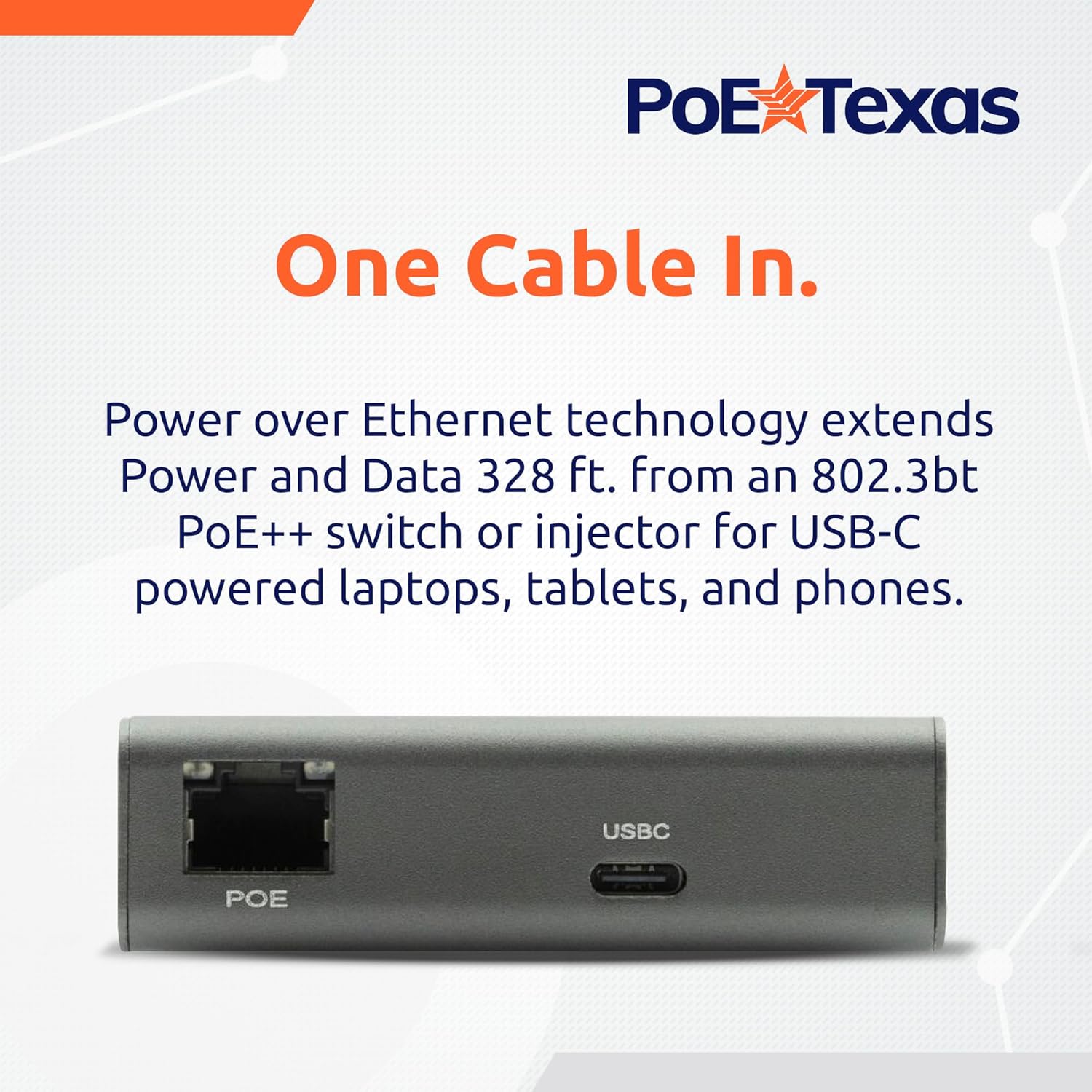 POE Texas Splitter New! Gigabit PoE++ (802.3bt) to USB-C Power + Data Delivery with 65 Watt Output with USB-C cable - USB-C compatible with Laptops, iPad Pro 12.9", Surface Go, Galaxy Tab