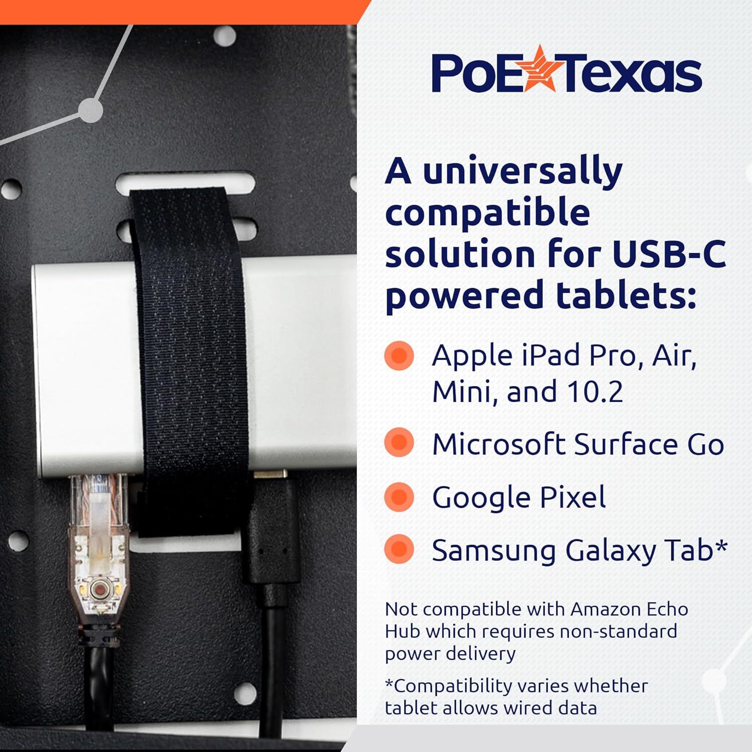 POE Texas Splitter Patented GAT-USBC-PD-V4 Gigabit PoE+ (802.3at) to USB-C Power + Data Delivery with 25 Watt Output - USB-C compatible w/ iPad Pro 12.9", Surface Go, Galaxy Tab - USB-C Cable Included