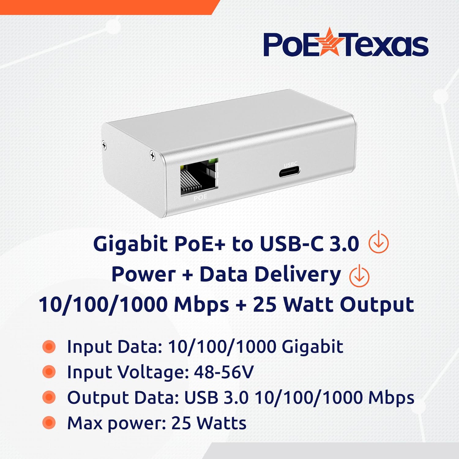 POE Texas Splitter Patented GAT-USBC-PD-V4 Gigabit PoE+ (802.3at) to USB-C Power + Data Delivery with 25 Watt Output - USB-C compatible w/ iPad Pro 12.9", Surface Go, Galaxy Tab - USB-C Cable Included
