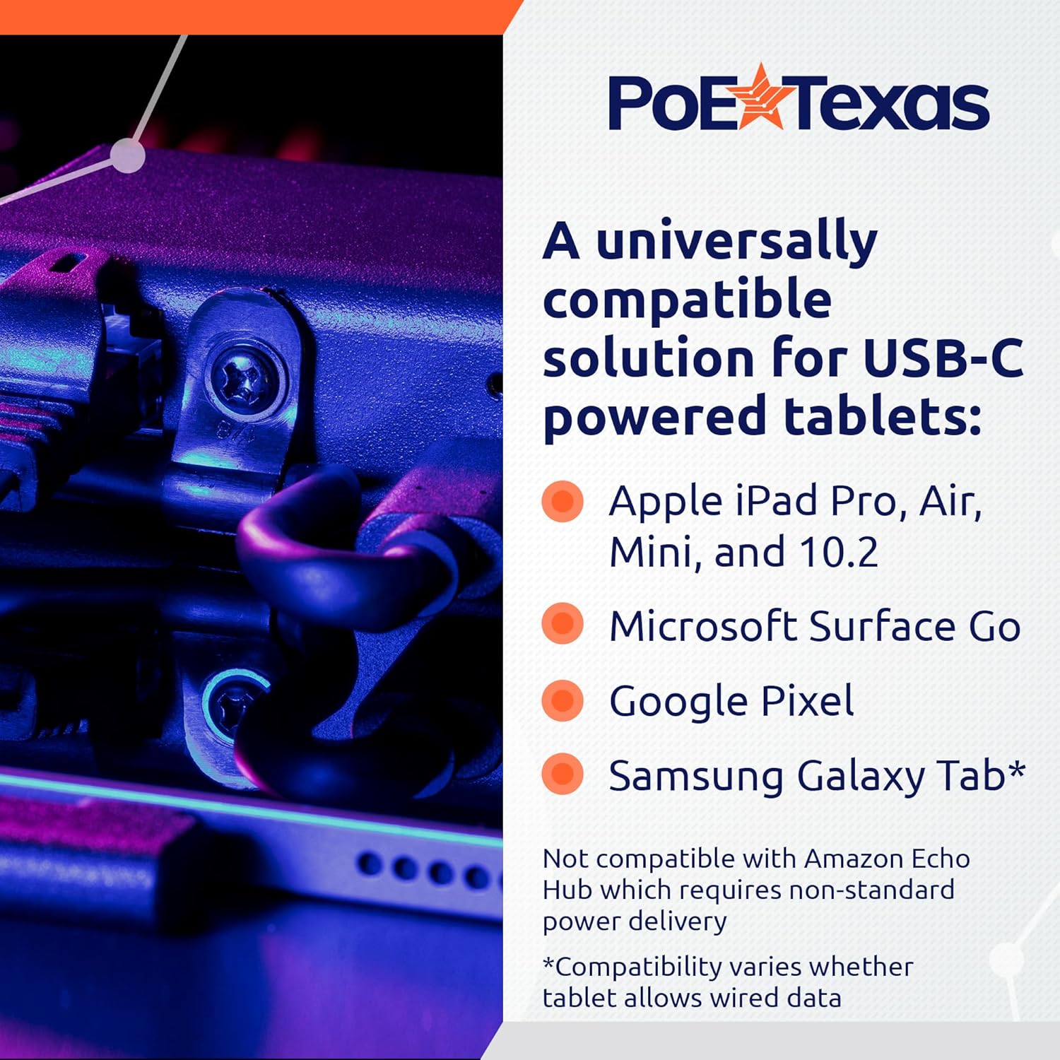 POE Texas Splitter Patented Gigabit PoE+ (802.3at) to USB-C Power + Data Delivery with 25 Watt Output - USB-C compatible w/ iPad Pro 12.9", Surface Go, Galaxy Tab - USB-C Cable Included
