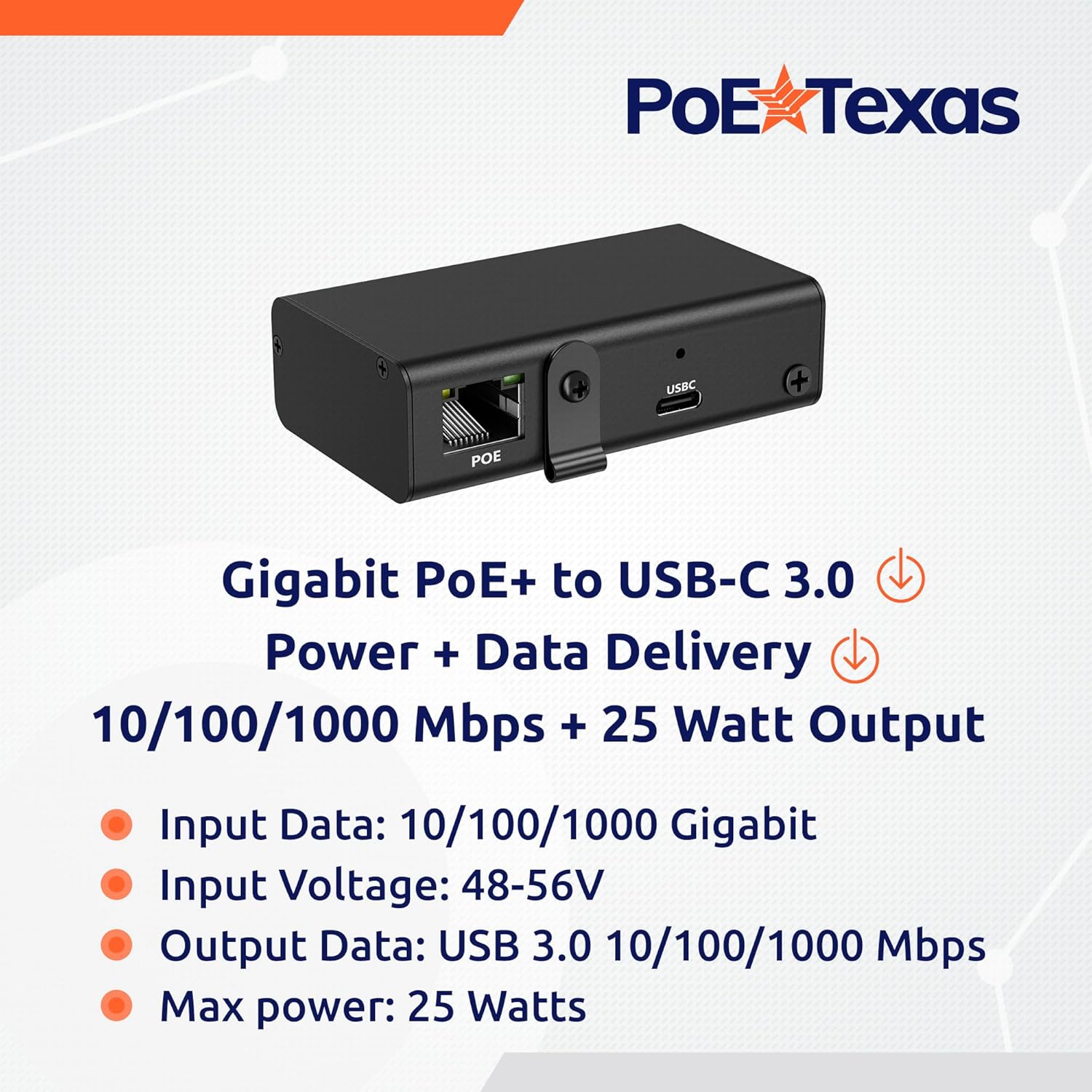 POE Texas Splitter Patented Gigabit PoE+ (802.3at) to USB-C Power + Data Delivery with 25 Watt Output - USB-C compatible w/ iPad Pro 12.9", Surface Go, Galaxy Tab - USB-C Cable Included