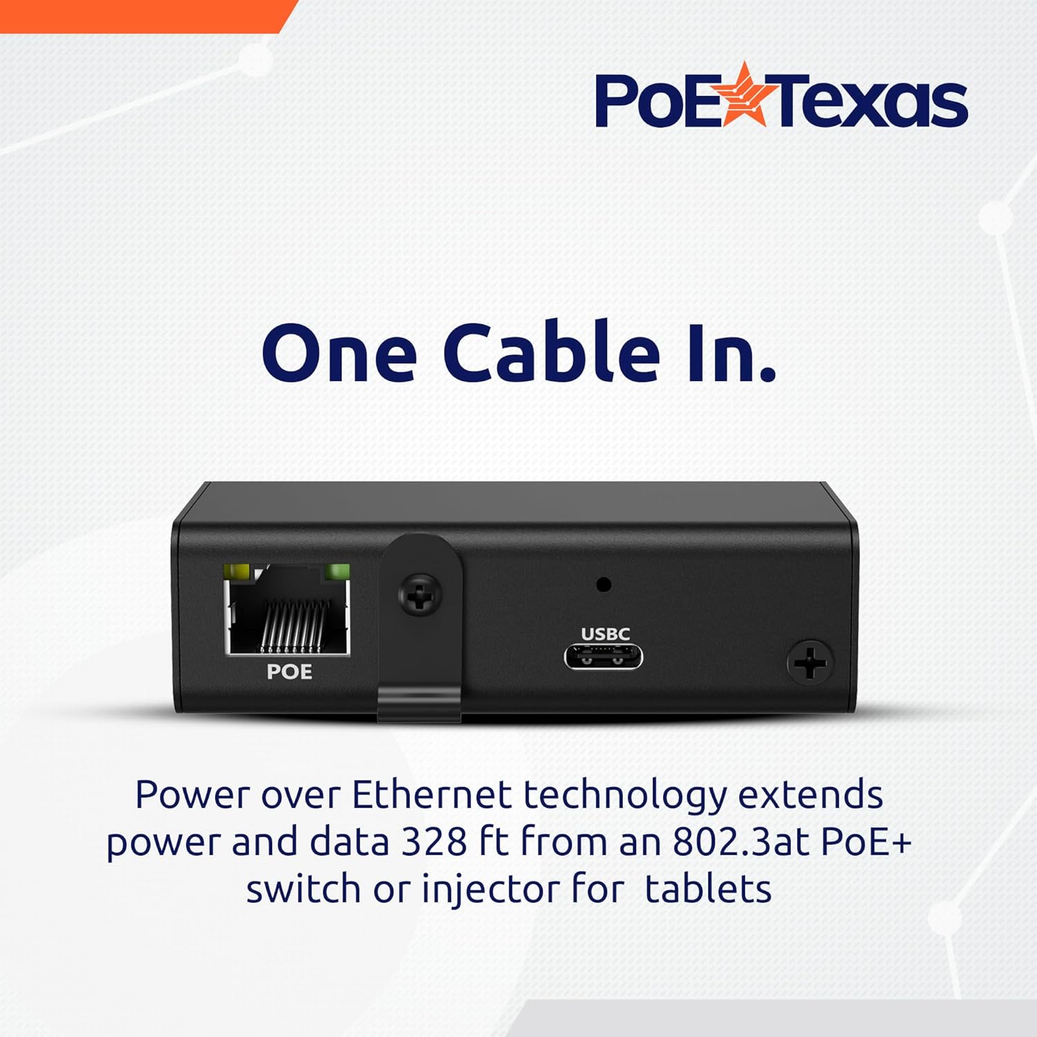 POE Texas Splitter Patented Gigabit PoE+ (802.3at) to USB-C Power + Data Delivery with 25 Watt Output - USB-C compatible w/ iPad Pro 12.9", Surface Go, Galaxy Tab - USB-C Cable Included