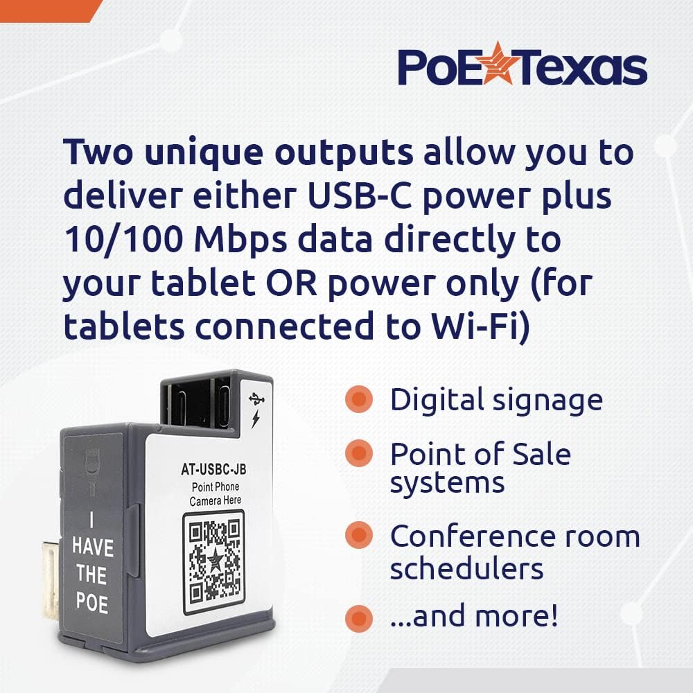 POE Texas Splitter POE+ to USB-C Power and Data Delivery with 25 Watt Output for iPad Pro, Surface Go, Galaxy Tab and More - 10/100 Mbps with USB-C Cable