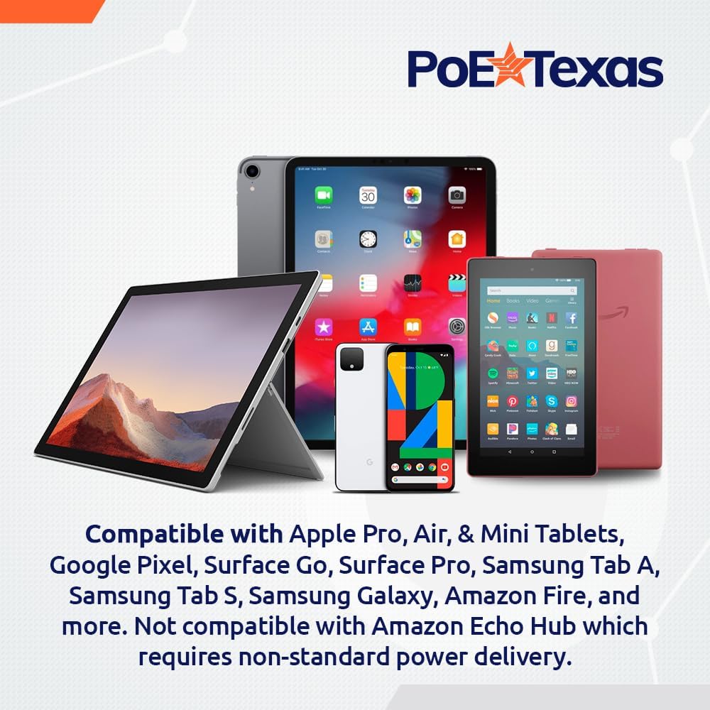 POE Texas Splitter POE+ to USB-C Power and Data Delivery with 25 Watt Output for iPad Pro, Surface Go, Galaxy Tab and More - 10/100 Mbps with USB-C Cable