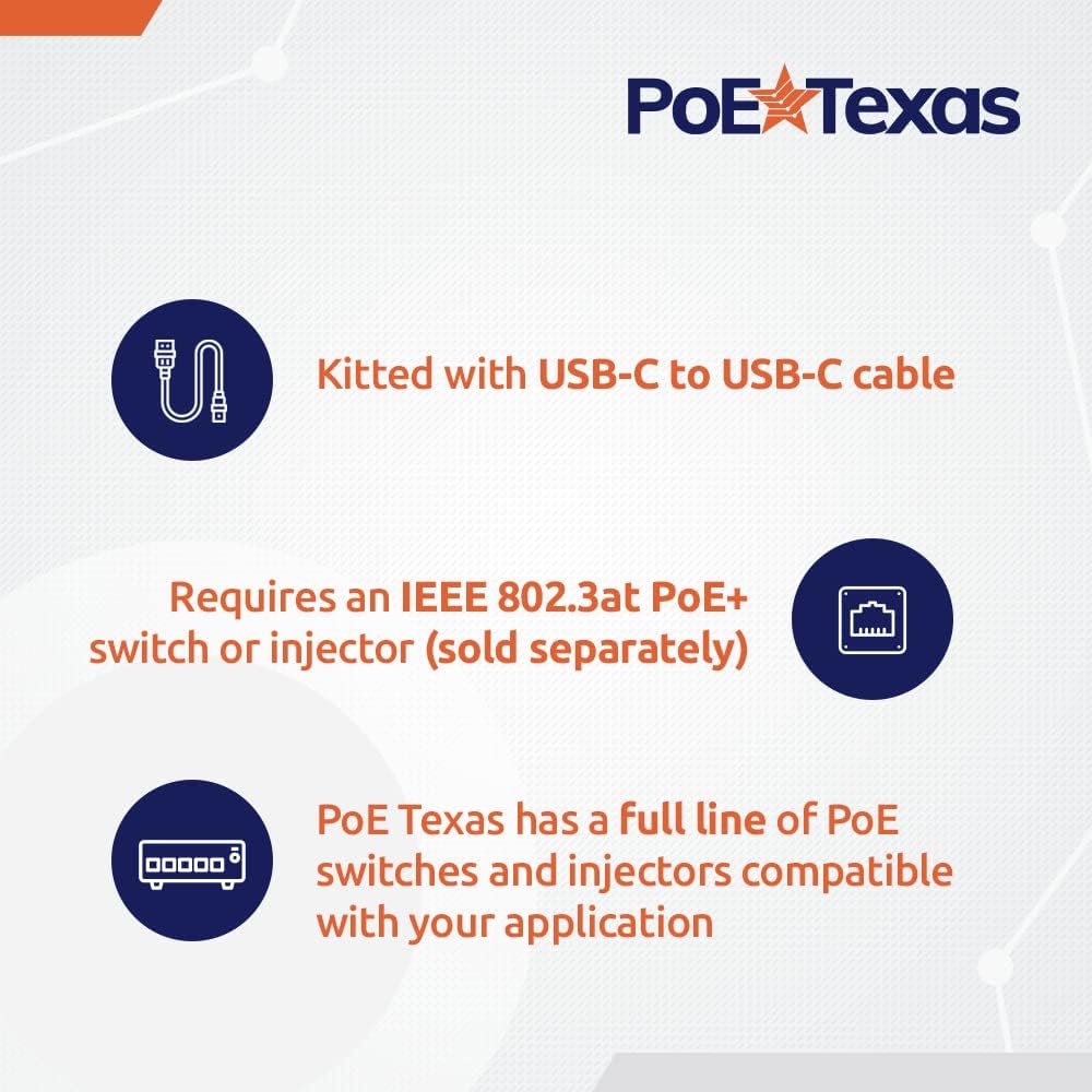 POE Texas Splitter POE+ to USB-C Power and Data Delivery with 25 Watt Output for iPad Pro, Surface Go, Galaxy Tab and More - 10/100 Mbps with USB-C Cable