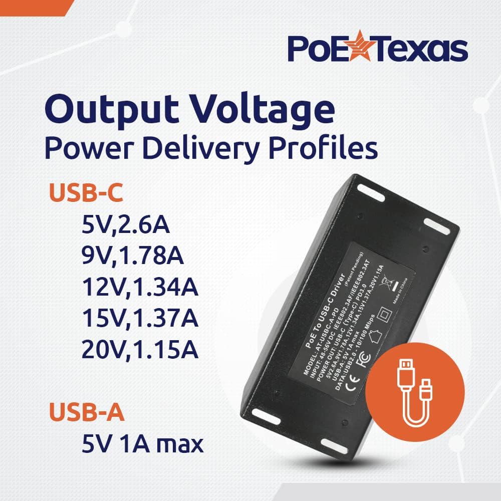 POE Texas Splitter POE+ to USB-C Power + Data with USB-A Port