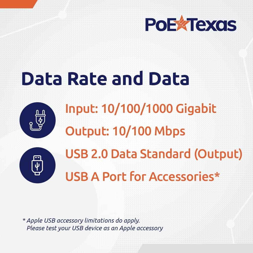 POE Texas Splitter POE+ to USB-C Power + Data with USB-A Port